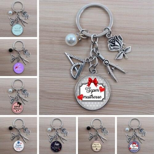 Teacher keychain thank you teacher text keychain charm glass crystal pendant key ring bag car keychain teachers day gift
