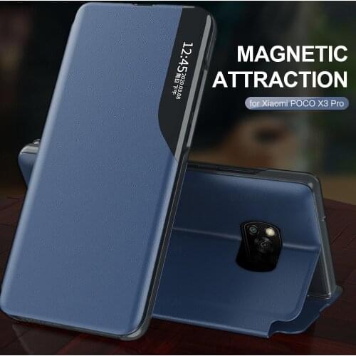 For pocox3 pro case pu leather smart view window magnetic holder flip covers for xiaomipocophone poco x3 pro x 3 nfc book coque