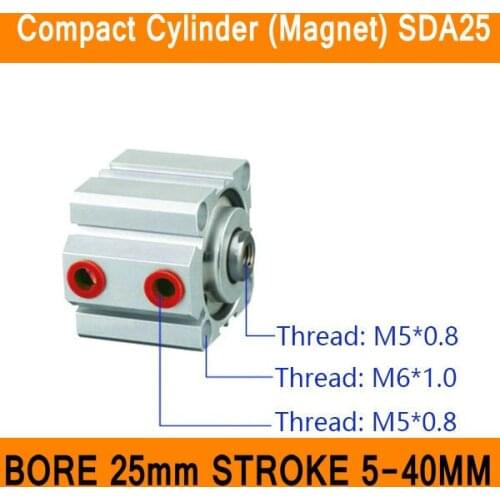 SDA25 Cylinder Magnet SDA Series Bore 25mm Stroke 5-40mm Compact Air Cylinders Dual Action Air Pneumatic Cylinder ISO