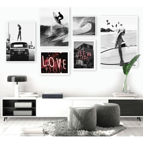 Surfboard Sea Wave Coconut Tree Girl Car Wall Art Canvas Painting Nordic Posters And Prints Wall Pictures For Living Room Decor