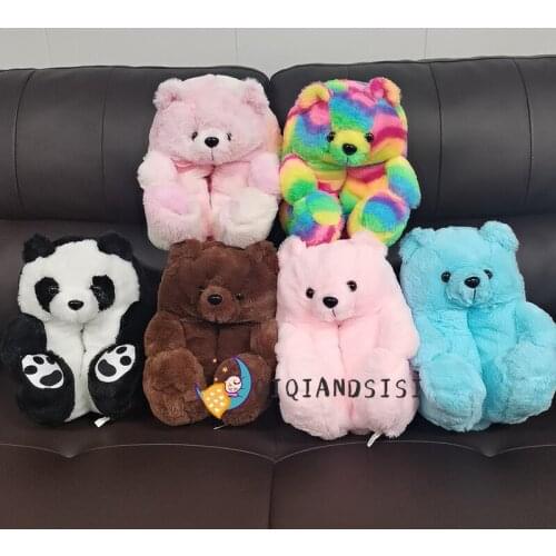 INS 1pair Panda Teddy Bear Plush Slippers 25cm Average Size Colorful Animals Hooded Shoes Indoor Floor Home Dropshpping