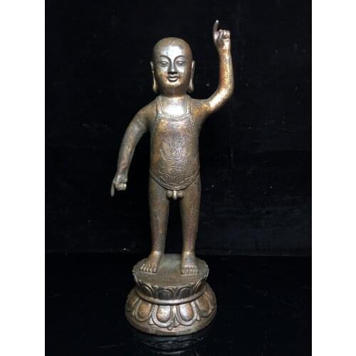 12"Chinese temple collection Old Bronze Cinnabar Lacquer Prince Buddha Cover the sky with one hand Baby buddha Sitting Buddha
