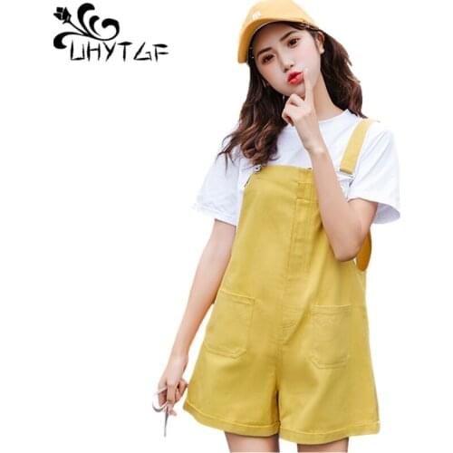 UHYTGF Cute Girl Summer Suspender Rompers Fashion Pocket Wide Leg Pants Overalls Shorts Women High Waist Student Jumpsuit 2090