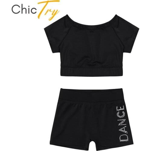 ChicTry Girls Black Short Sleeve Tankini Crop Top Shorts Dance Set Children Sports Ballet Gymnastics Shorts Tops Kids Dance Wear