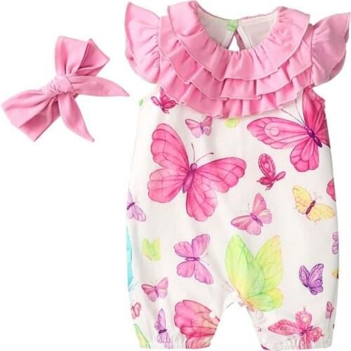 Toddler Baby Girl Summer Romper Set Newborn Floral Print Ruffle Collar Short Sleeve Bodysuit Hairband Oufits Clothes