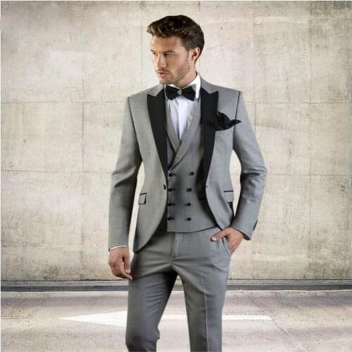 Blazer+Pants+Vest)2019 Grey Men Suit Slim Fit Jacket With Black Tuxedo Custom Made Blazer Wedding Groom Suits costume homme
