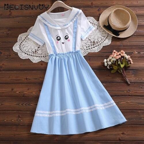2021 New Summer Preppy Style Women Mini Dress Sailor Collar Anime Cartoon Embroidery Dress Blue Cute Sweet Kawaii Girls Vestidos