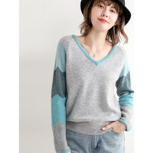 2021 Autumn Winter New Pure Wool Sweater Womens V-Neck Loose Pullover Color-Blocking Warm Top Fashion Knitted All-Match Sweater