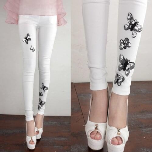 2020 Spring and Autumn New Fashion Sequined Butterfly Wear White Pants Large Size Elastic Slimming Leggings Women Clothing