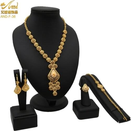 New Nigerian Wedding Jewelry Set Copper African Necklace Bracelet Earring Ring Gold Jewellery Dubai Choker Bridal Ornament