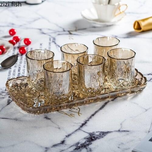 Translucent Glass Water Cup 6-piece Set with Tray Milk Mug Juice Cup Home Afternoon Tea Cup Decorative Glass Mug Teaware Sets