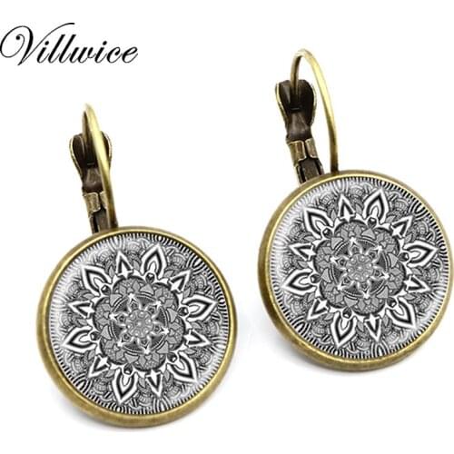 VILLWICE Charm Mandala Glass Earrings On Bronze Earring Om Symbol Buddhism Zen Henna Yoga Earring Jewelry For Women 2020