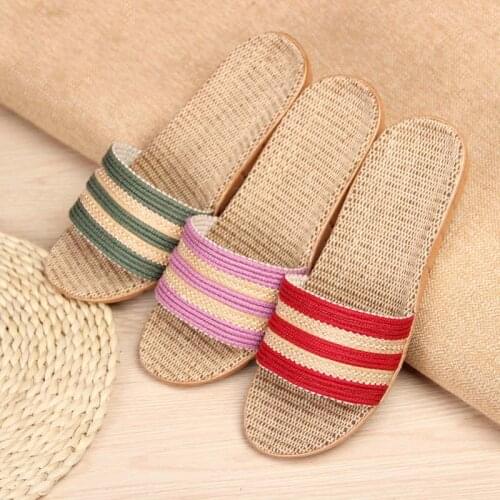 New Striped Linen Slippers for Women Wholesale Home Flax Sandals Ladies Indoor Flax Breathable Flat Flip Flops Shoes