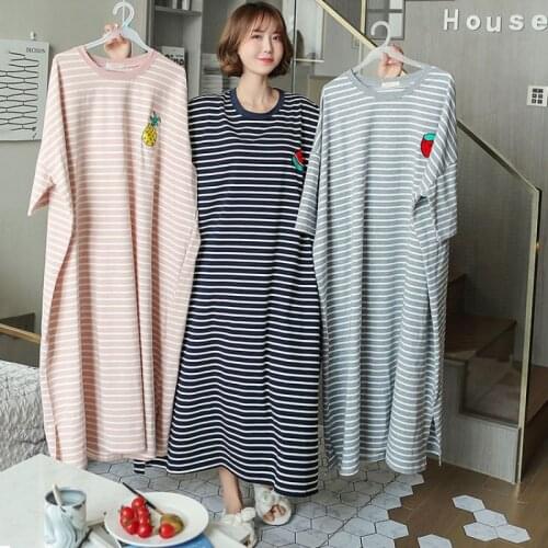 Women Plus Size Striped Nightgown Sleepwear Cotton Short Sleeve Long Nightdress Loose Casual Robe Sleepshirt Home Wear 4XL 5XL