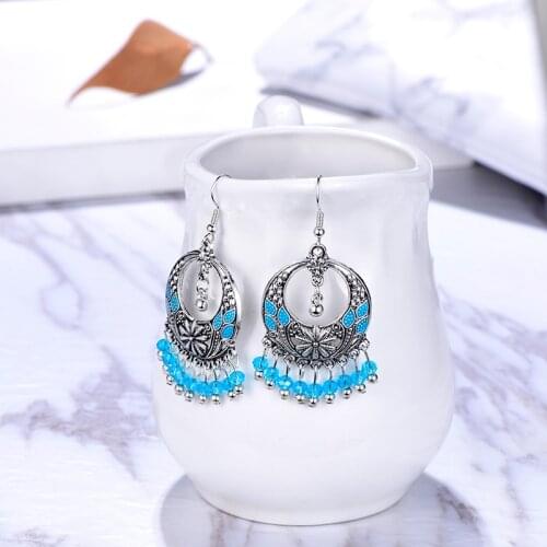 Bohemian Beads Tassel Earrings for Women Retro Hollow Colorful Carved Drop Earrings Female Holiday Geometric Jewelry Gift