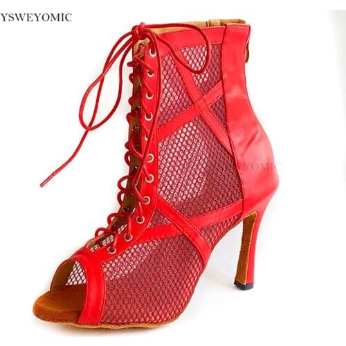 Red Leather Salsa Latin Dance Booties For Women in Big Size US11 Suede Outsole Use in Order Customized Heel Dance Shoes Women