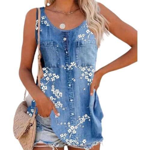 2021 Summer Vest Round Neck Women Vest Solid Color Denim Sleeveless Pockets Thin Denim Blouse Streetwear For Female All Match