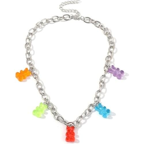 Fine Rainbow Color Cute Jelly Bear Gummy Necklaces for Women Girls Cool Punk Hip Hop Resin Necklace Pendant Jewelry Accessories