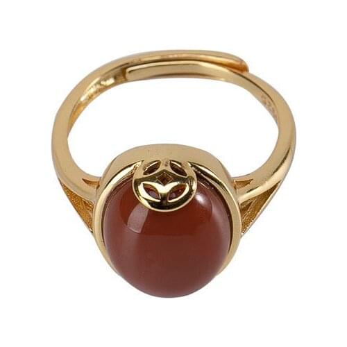 S925 sterling silver gold plated Southern red agate Retro Simple Temperament Coins Ladies Opening Ring