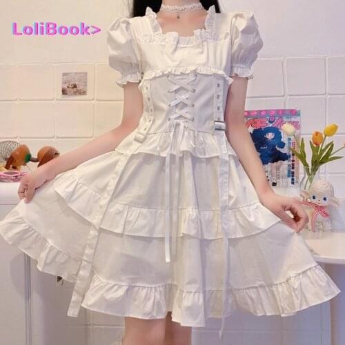Lolibook Womens Lolita Dress Summer Harajuku Gothic Mall Kawaii Cute Ruffle Puff Sleeve Bandage Black Mini Dress 2021