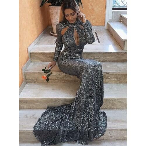 Mermaid High Neck Cut Out Grey Sequined Evening Dresses 2021 Full Sleeves Sexy Long Prom Gowns Elastic New Robe De Soiree