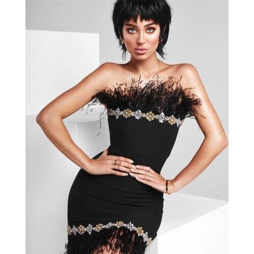 Celebrity Women Party Dress Strapless Crystal Beaded Fur Black Skinny Bandage Dress Evening Party Dress