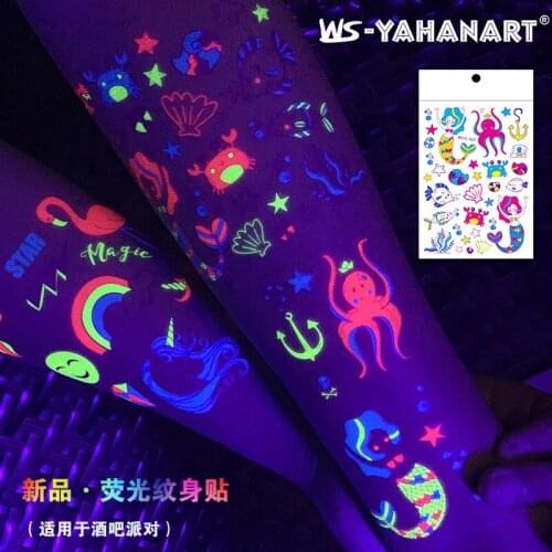 2020 cartoon unicorn mermaid space fluorescent tattoo stickers luminous flowers arm tattoos custom