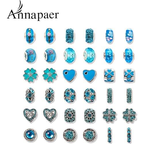 36Pcs/Lot Blue Crystal Enamel Murano Bracelet Bead Antique Silver Color Charm Beads Fit Pandora Diy Bracelet for Women SET160905