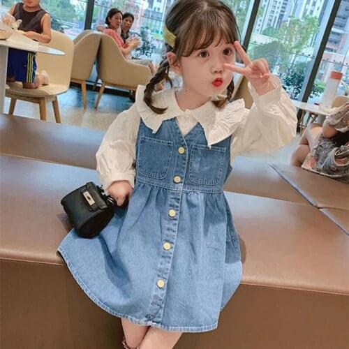 2pcs Spring Party Kids Clothes for Baby Girls Blouses Tops Denim Vest Dress Outfits Suit Toddler Girl Dress Children Clothes Set
