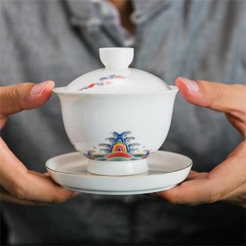 White Porcelain Gaiwan Hand-painted Colorful Tea Bowl with Lid Saucer Set Ceramic Simple Chahai Tea Ceremony Drinkware Tea Maker