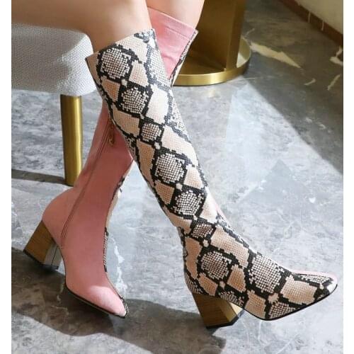 Spring Autumn TPR Square Toe Frosted Zipper Ladies Fashion Boots Winter Sexy Color Matching Snake Print Womens Shoes