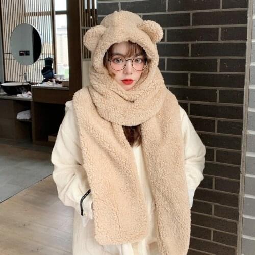 H7763 Bear Ears Bomber Hat Female Winter Ear Neck Protection Warm Thick Cap Korean Solid Color Lovely Outdoor Casual Girl Caps
