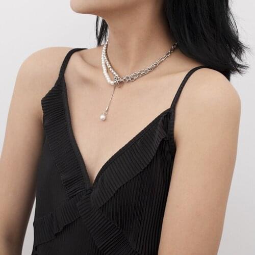 TARCLIY New Fashion Simulation Pearl Chain Choker Necklace Simple Geometric Metal Beads Asymmetric Clavicle Chain Women Jewelry