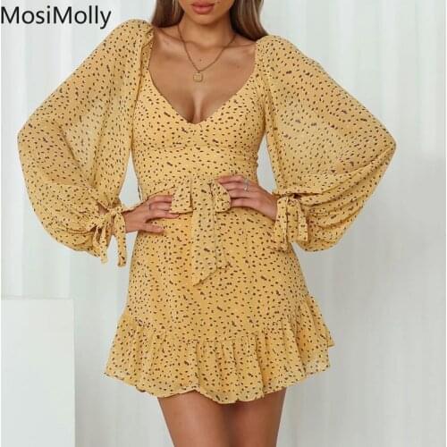 Yellow Floral Dress Women Boho Beach Long Sleeve Bow Dress 2021 Day dress Female Vestidos