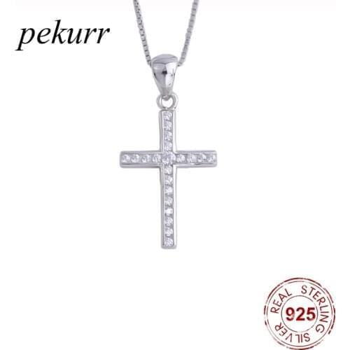 Pekurr 925 Sterling Silver Zircon Big Cross Female Pendants Classic Cross Necklaces For Women Silver Chain Collar Fashion Jewelr