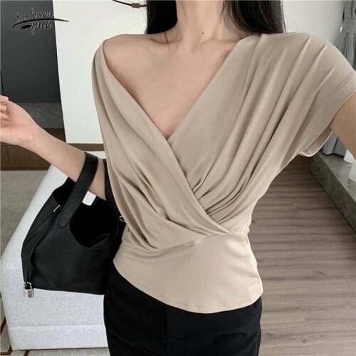 Womens T-shirt short-sleeved gentle ladies summer new style solid color one-shoulder casual all-match blouse 15676