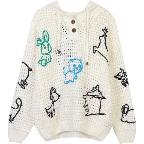 2021 Spring Autumn Women Hoodies Sweatshirts White Knit Tops Animals Embroidery Loose Streetwear Casual Fashion Harajuku Korean