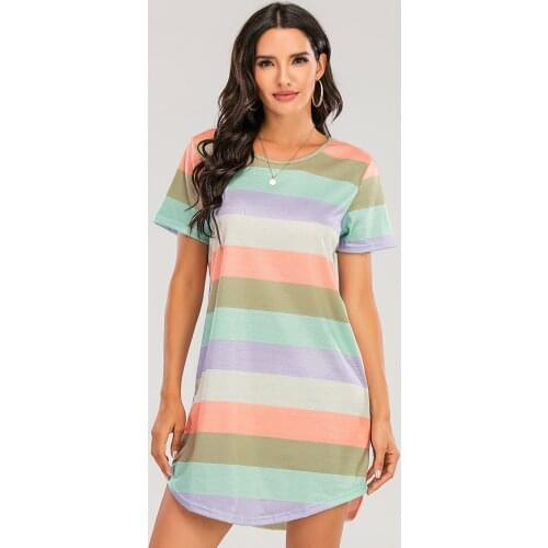 Womans Summer Dress Rainbow Stripe Print Nightdress Round Neck Short Sleeve Ladies Cotton Soft Casual Loose Pajamas Dress