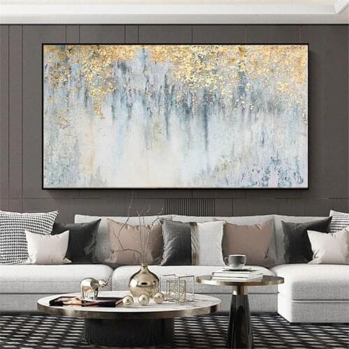 100% Hand Painted Abstract Golden Dots Canvas Painting Blue Gray Poster Modern Wall Picture for Living Room Luxury Huge Wall Art