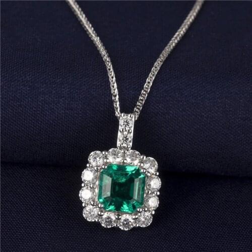 14K Solid White Gold Lab Created Hydrothemal Emerald Pendant Necklace MS-213