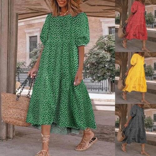 2021 Women Leisure Dress Puff Sleeve Loose Polka Dot Printing Dress Casual Short Sleeve Female Sexy Colorful Dresses for Outdoor