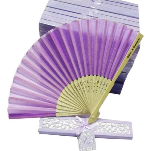 50 Pcs Luxurious Silk Personalized Folding Fan in Elegant Laser Cut Gift Box + Party Favors / Wedding Gifts + Silk screen