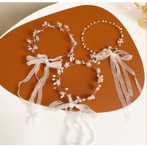 French Retro Pearl Streamer Hair Band Flower Streamer with Pearl Beaded Stretch Ribbon Fancy Braided Hair Accessories