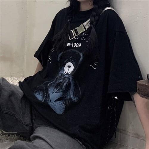 Harajuku Cute Cartoon T-Shirt Women Hip Hop Punk Bear Tshirt Streetwear Half Sleeve Cool Black Tees Casual Loose T Shirts Girl
