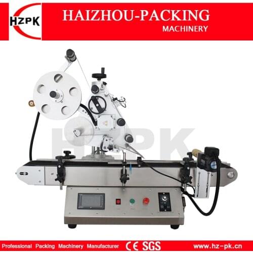 HZPK Small Automatic Tabletop Stainless Steel Self Adhesive Flat Bottle Caps Box Labeling Machine With Conveyor Adjustable
