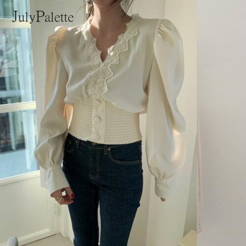 JulyPalette Fashion V-neck Lace Blouse Casual Solid Lantern Sleeve Women Shirt 2021 Spring Summer High Waist Slim Chiffon Blouse