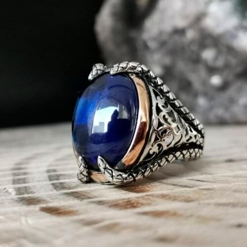 Patterned Snake Design Sterling Silver Ring 925 Real Pure For Men Blue Lapis Stone Handmade Turkish Jewelry