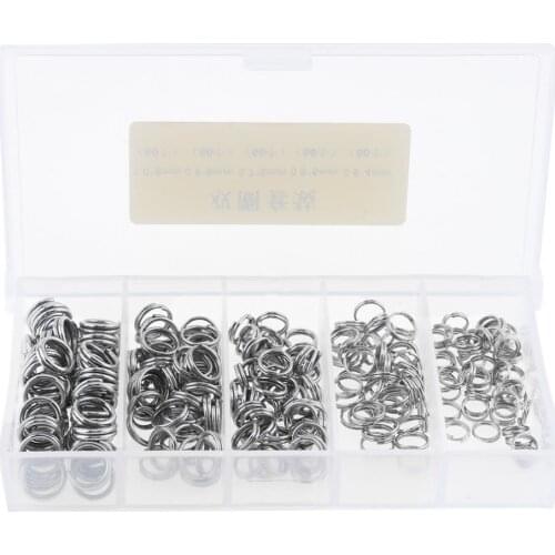 250pcs Stainless Steel Double Loop Fishing Ring 5 Sizes Mixed Split Clip Swivel Quick Change Hook Connector with Box