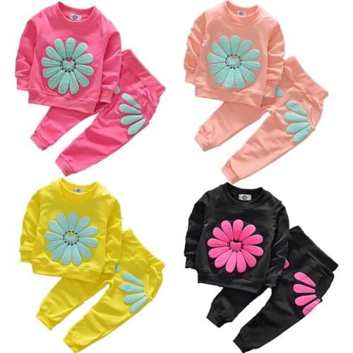 Girls Clothing Set Cotton Casual Tracksuit Outfits Spring Autumn Flower Print Long Sleeved T Shirts Children Clothes 2pcs Sets