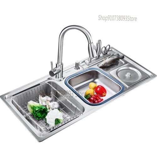 Kitchen 304 Stainless Steel Double Trough Multi-functional Garbage Can Sink Three Trough With Knife Rest Vegetable Washing Basin